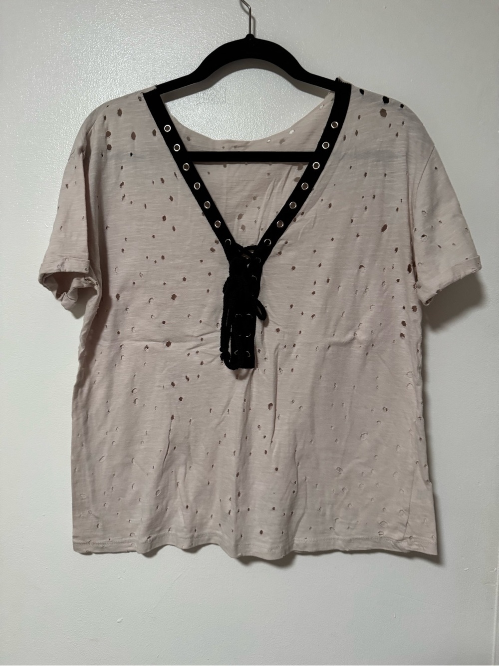 Women's Distressed V-Neck Lace-Up Top in Light Pink with Black Trim